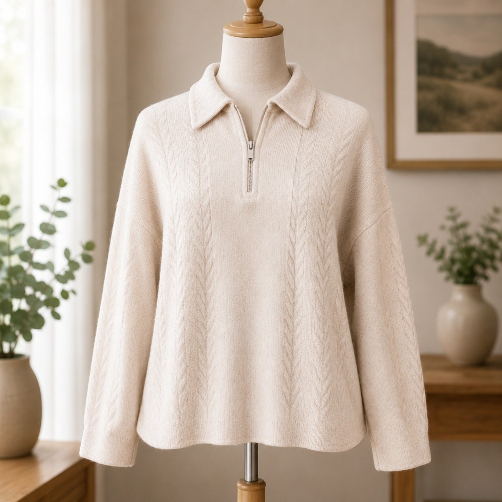 Barefoot Dreams CozyChic Lite Quarter Zip Sweater Womens 2X Cream Chevron Knit
